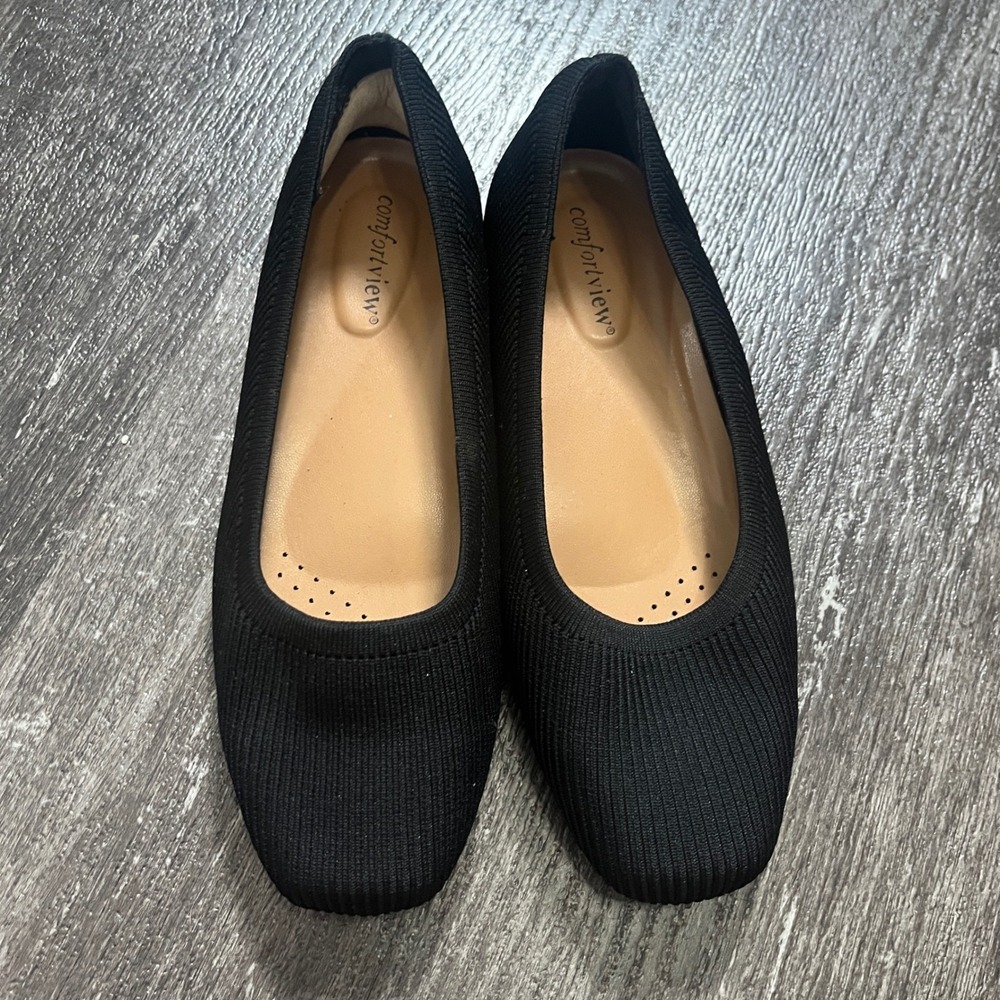 ComfortView Black Knit‎ Square Toe Ballet Flats Slip On Comfort Shoes 8 Fits 9